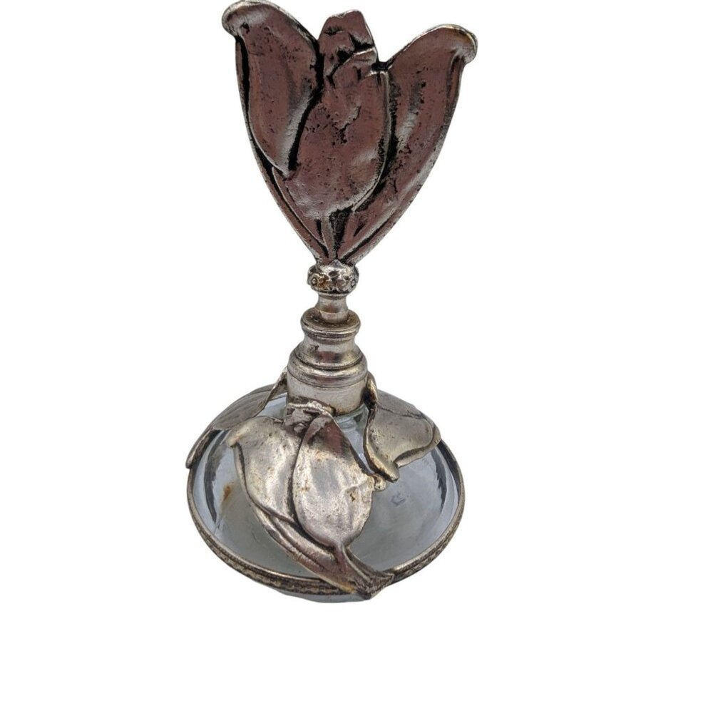 Vintage Silver-Plated Floral Tulip Perfume Bottle With Glass Dropper 6" Tall Ele - Picture 3 of 12